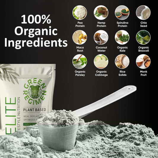 Green Regimen Elite vanilla protein being poured for a smooth shake