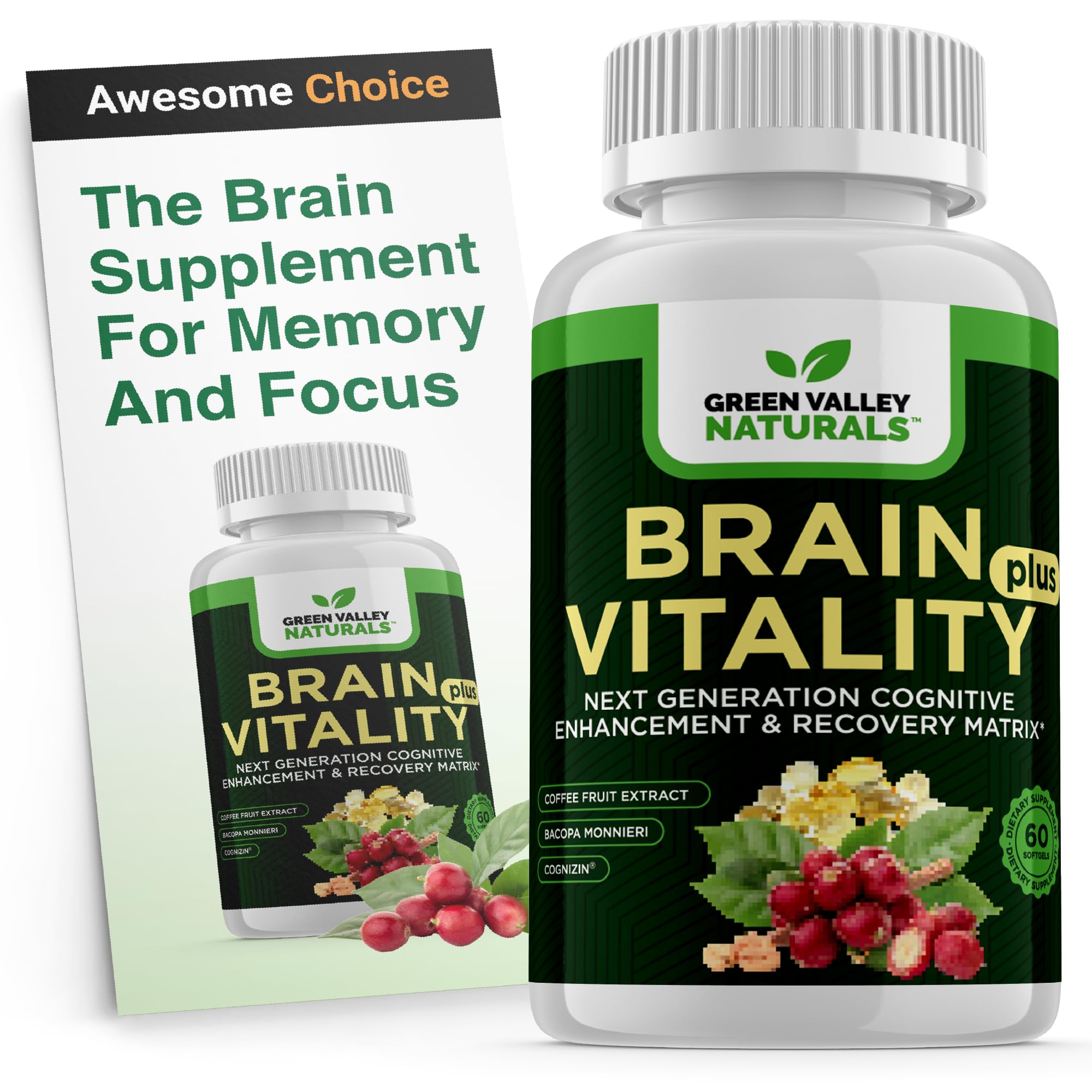 Green Valley Naturals Brain Vitality Plus bottle on a desk for daily cognitive support