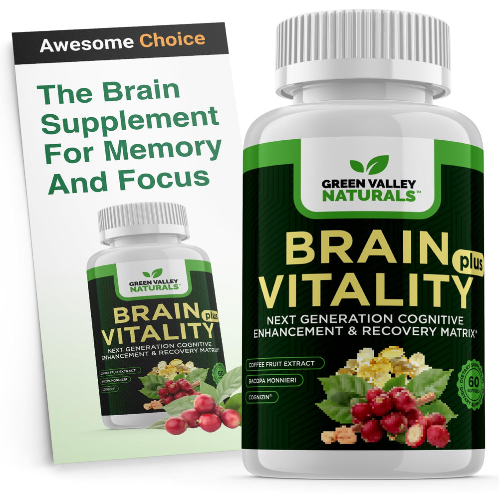 Green Valley Naturals Brain Vitality Plus bottle on a desk for daily cognitive support