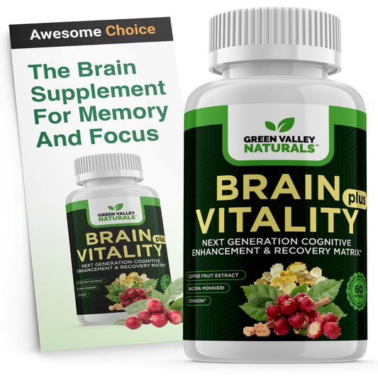 Green Valley Naturals Brain Vitality Plus bottle on a desk for daily cognitive support