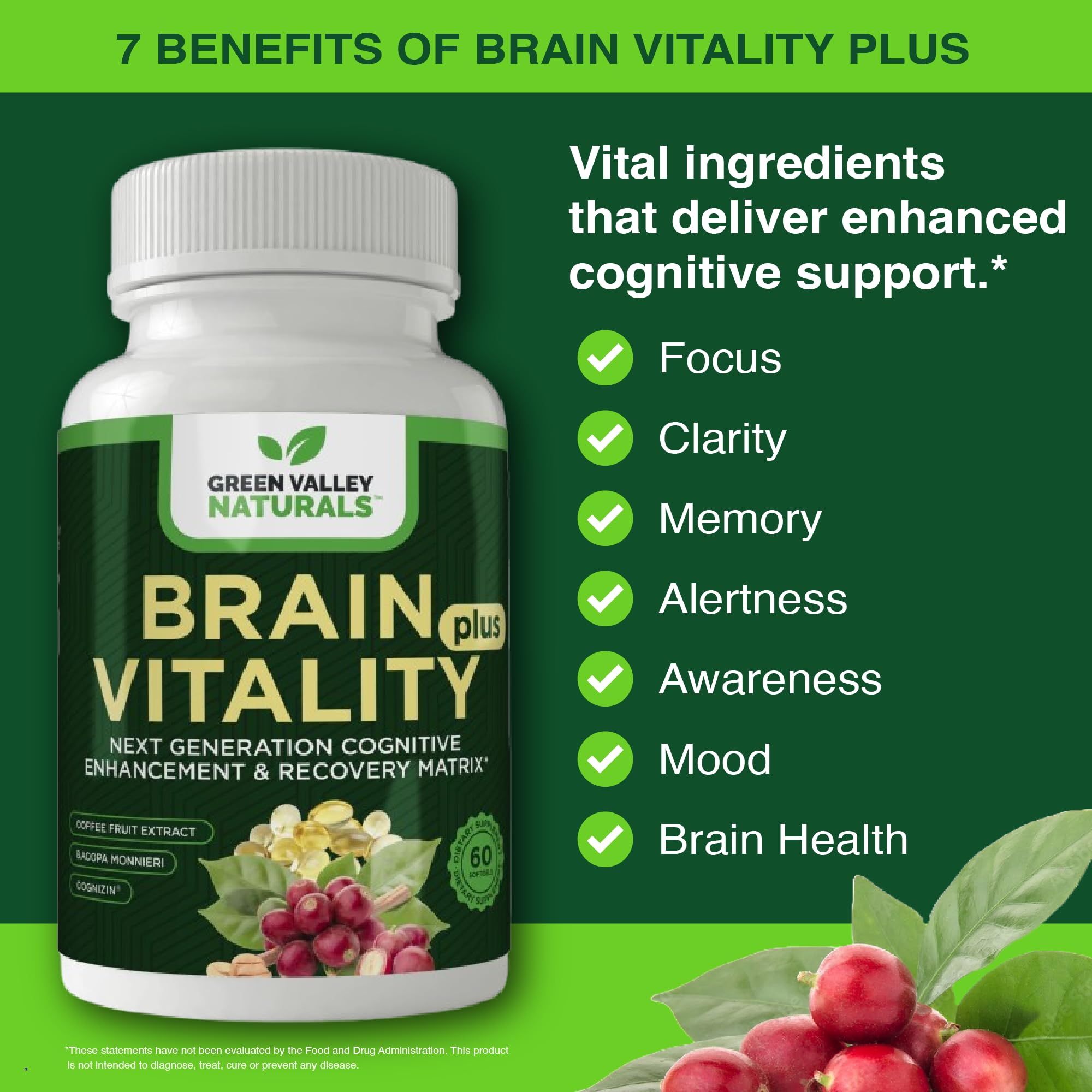 Brain Vitality Plus capsules close-up highlighting memory and focus support