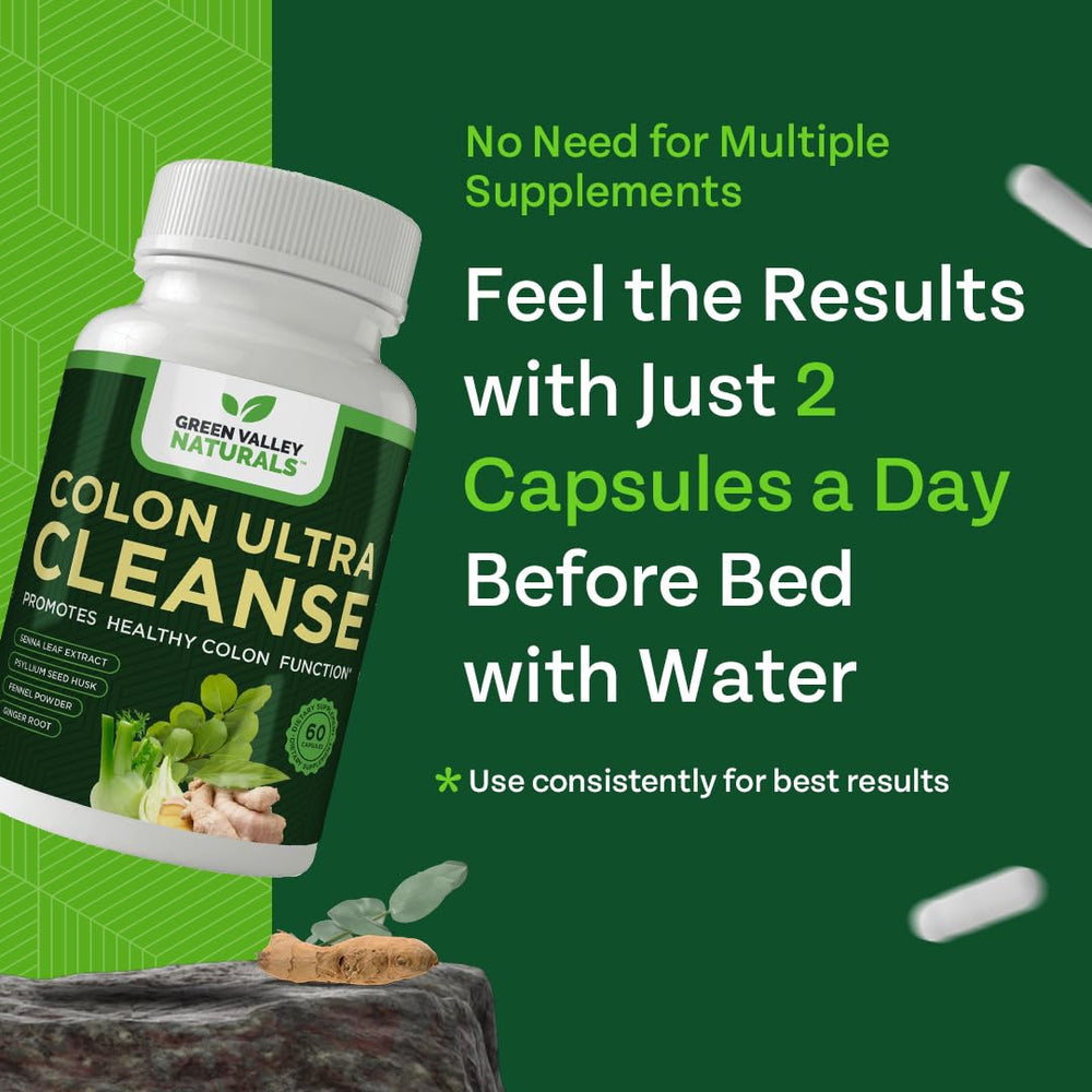 Green Valley Naturals Colon Ultra Cleanse bottle beside a glass of water for daily digestive routine.