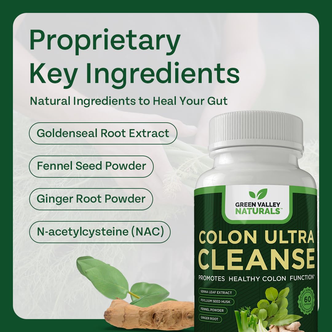 Green Valley Naturals Colon Ultra Cleanse capsules arranged for daily use.