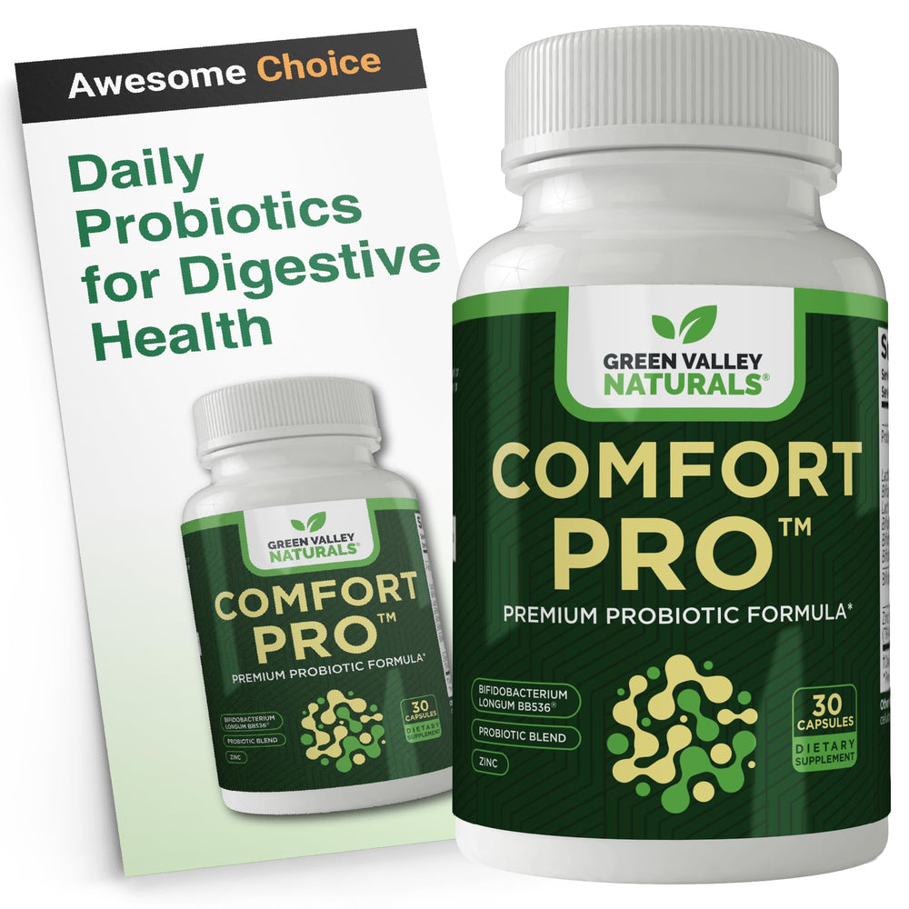Green Valley Naturals ComfortPro bottle with capsules promoting digestive balance.