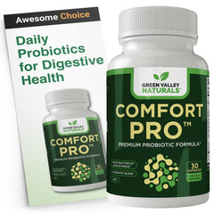 Green Valley Naturals ComfortPro bottle with capsules promoting digestive balance.