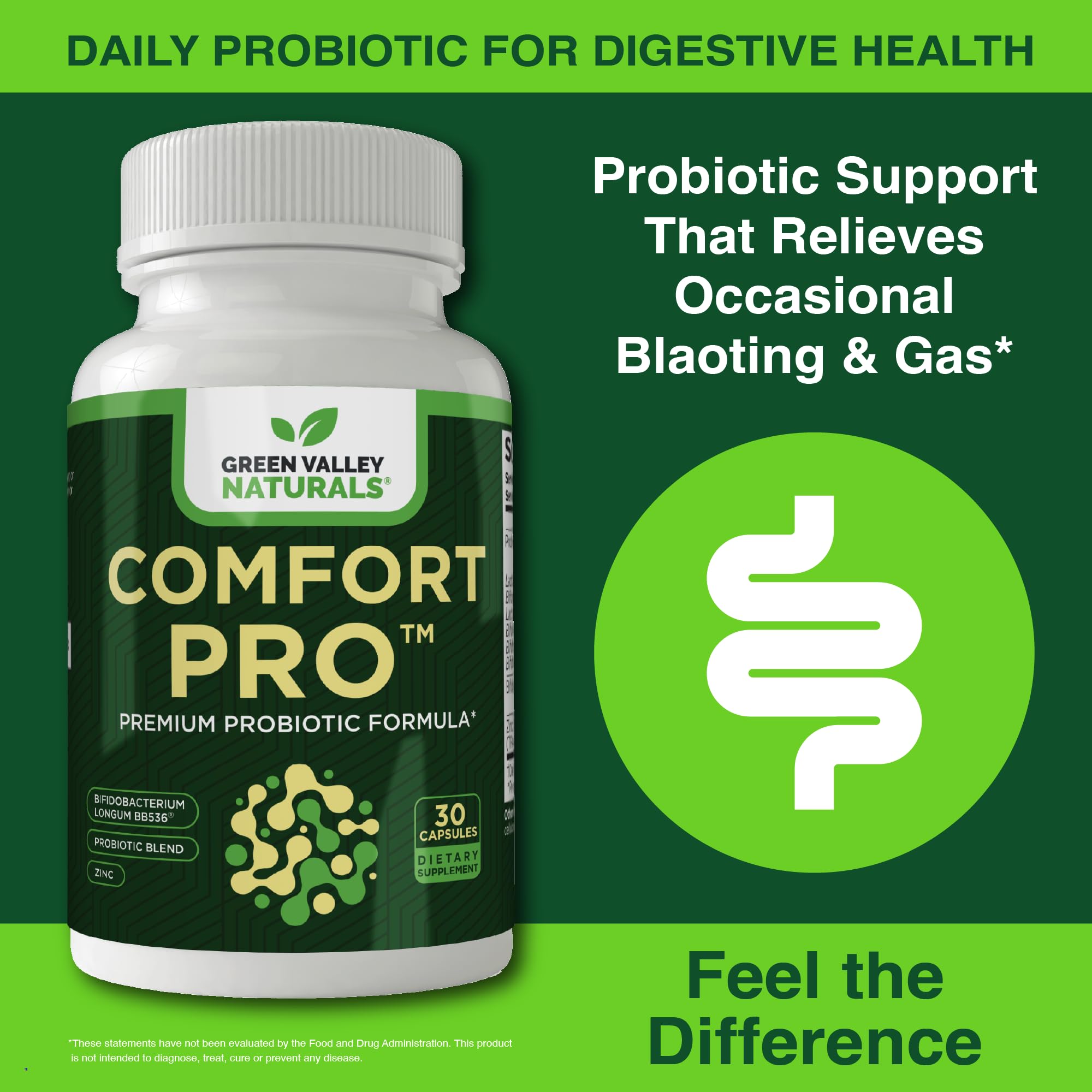 Close-up of ComfortPro capsules showing gentle daily probiotic support.