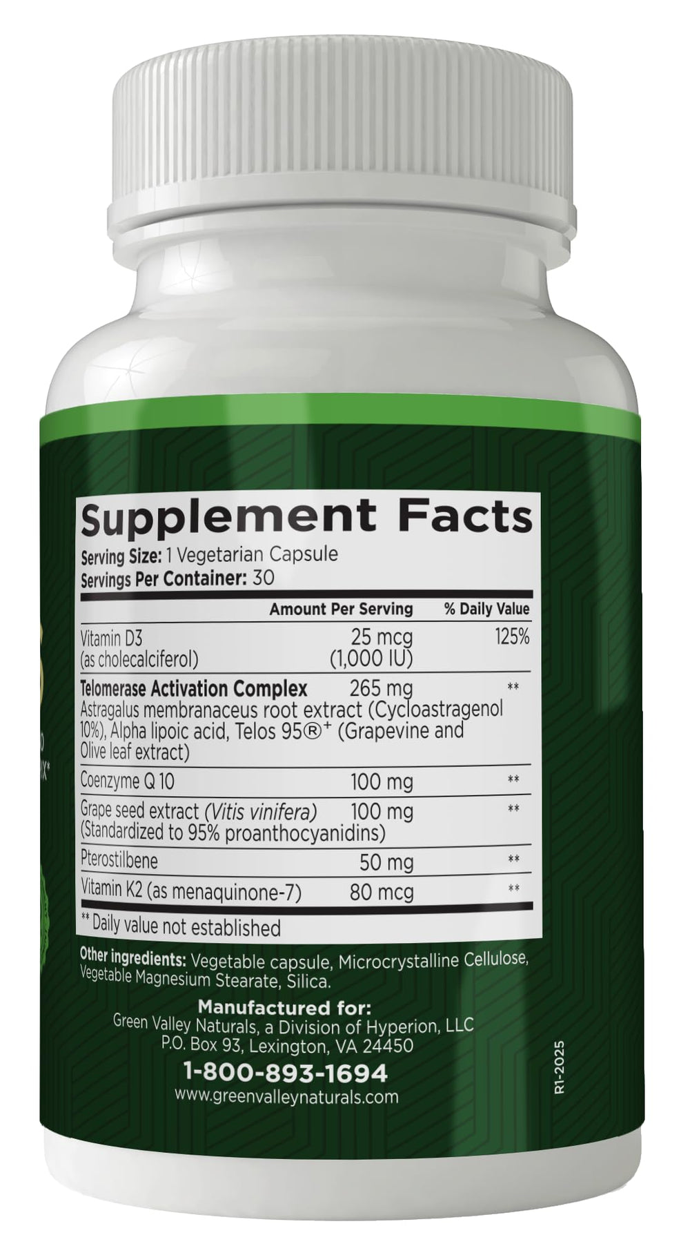 Green Valley Naturals Genesis bottle close-up ready for everyday wellness.