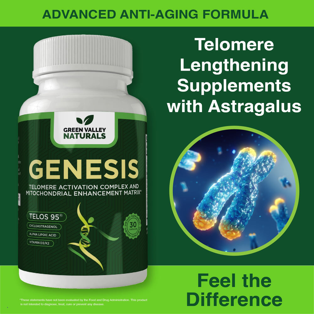 Green Valley Naturals Genesis CoQ10 capsules supporting cellular energy for daily activity.