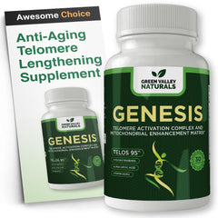 Green Valley Naturals Genesis Telos95 bottle promoting daily cellular maintenance.