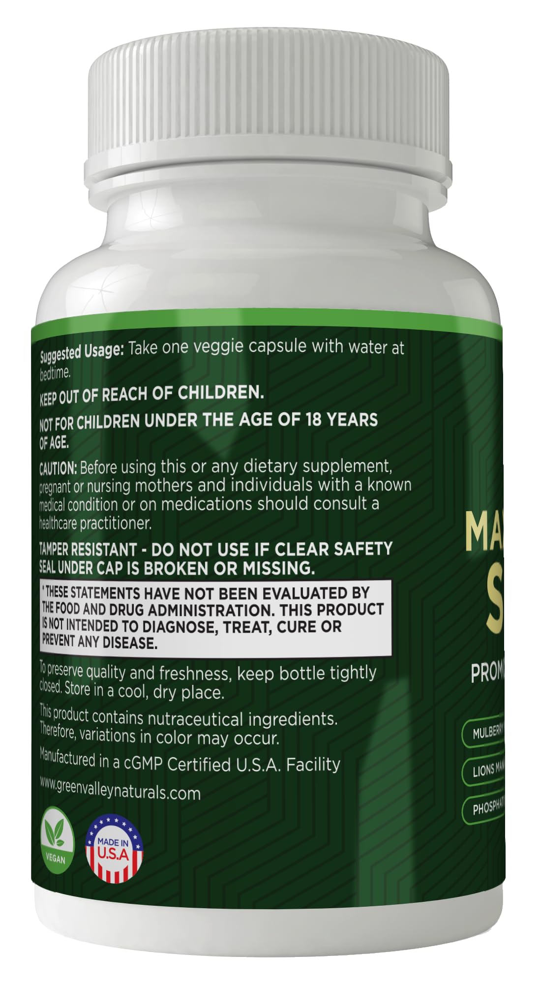 Green Valley Naturals Lion’s Mane capsule suggesting memory and focus support.
