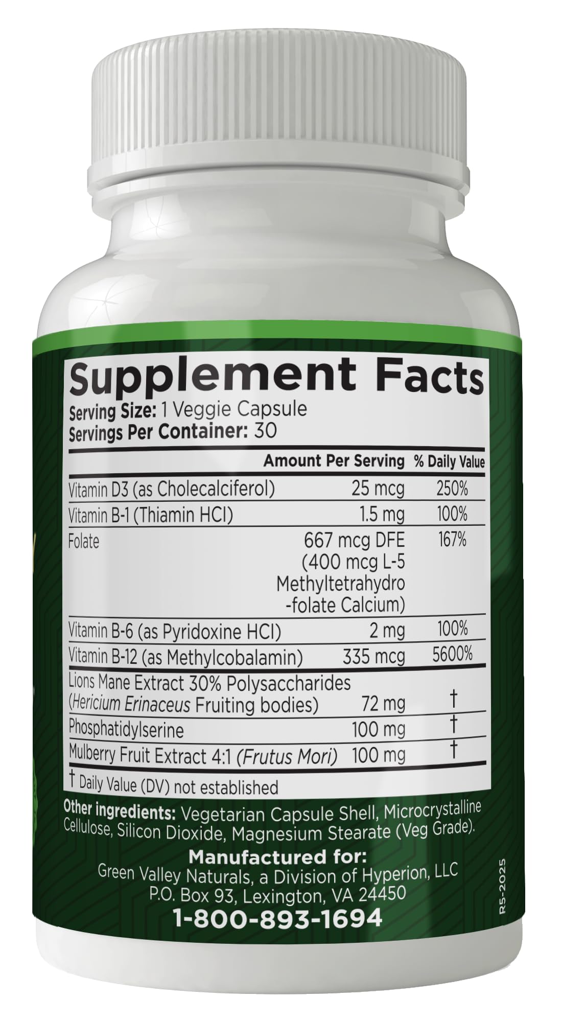 Green Valley Naturals Mulberry extract capsule highlighting antioxidant brain support.