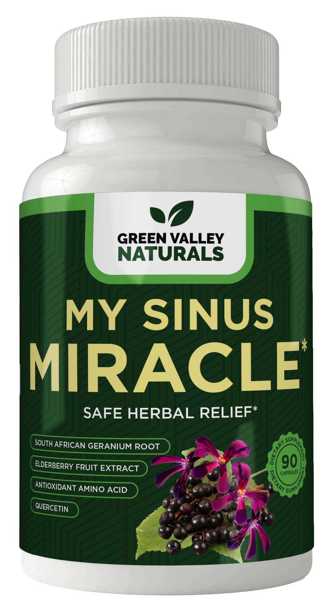 Green Valley Naturals My Sinus Miracle bottle on a clean surface, supporting sinus clarity.