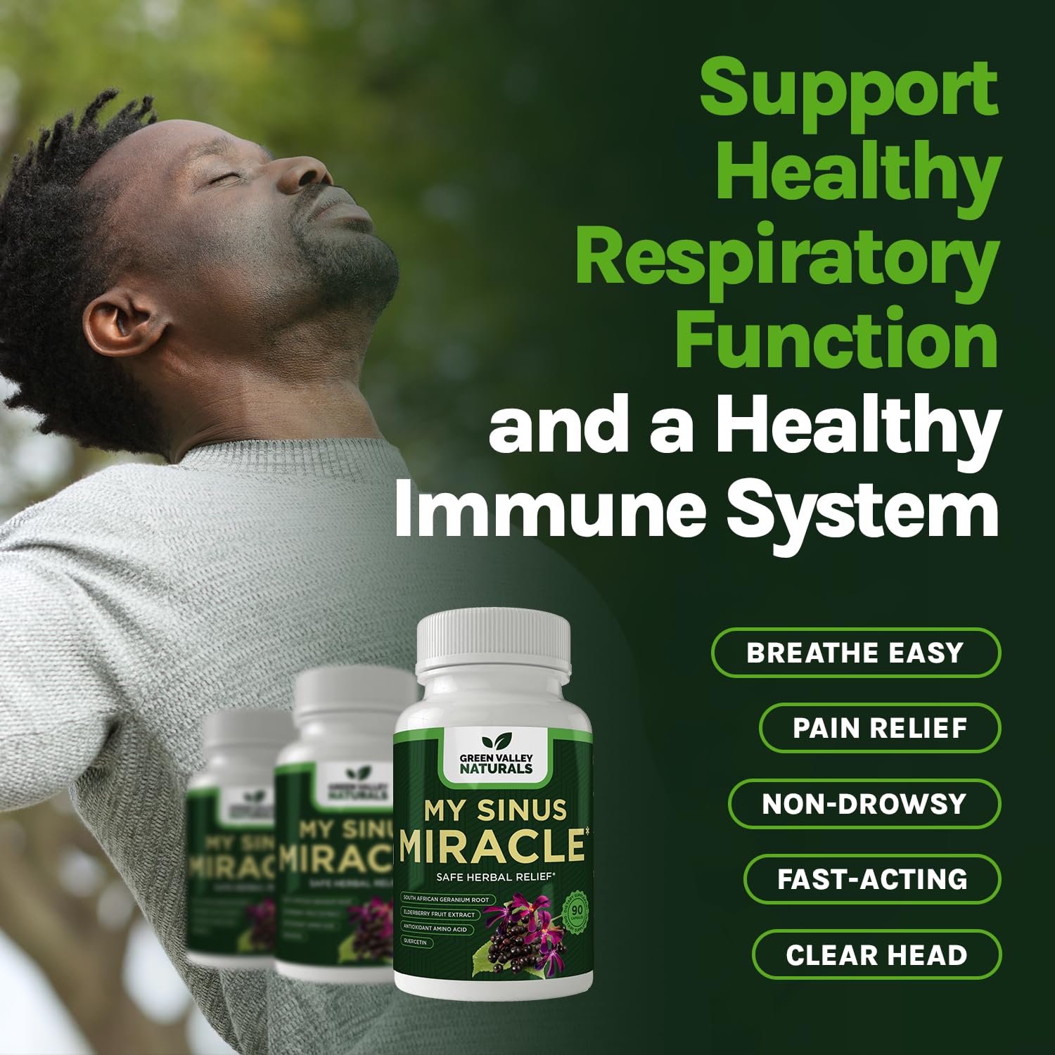 Green Valley Naturals My Sinus Miracle ingredients list on label, highlighting NAC and Vitamin D.