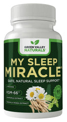 Green Valley Naturals My Sleep Miracle bottle on nightstand promotes calm before bed.