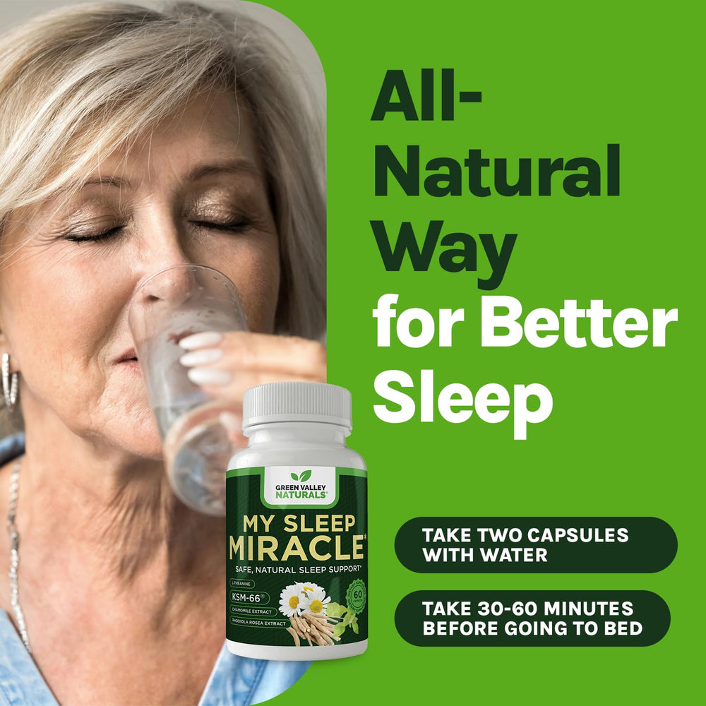 Green Valley Naturals My Sleep Miracle bottle in a calming bedtime scene.