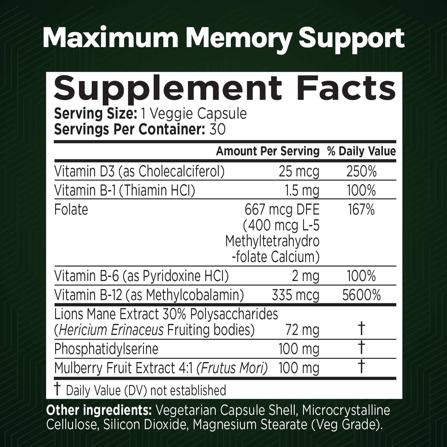 Green Valley Naturals Phosphatidylserine capsule for memory function and cognitive processing.