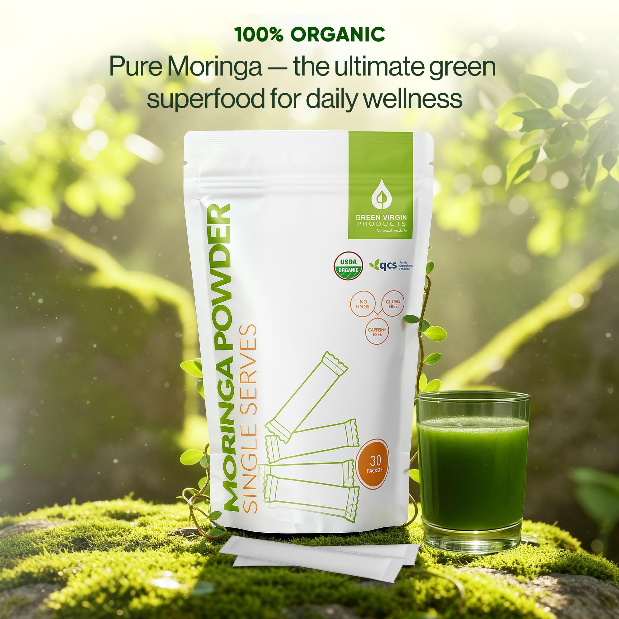 Green Virgin Moringa powder nutrition panel highlights vitamins and minerals.