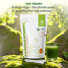 Green Virgin Moringa powder nutrition panel highlights vitamins and minerals.