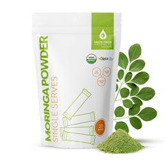 Green Virgin Moringa sachets box shows convenient single-serve portions for on-the-go smoothies.
