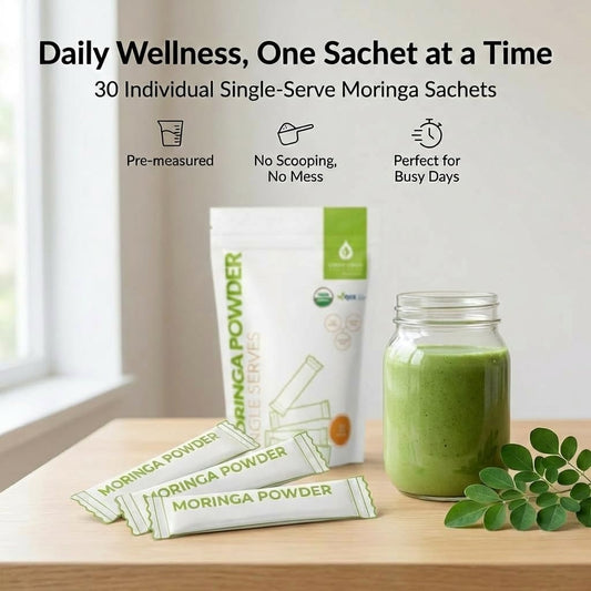 Green Virgin Moringa powder single-serve packets for easy daily use.