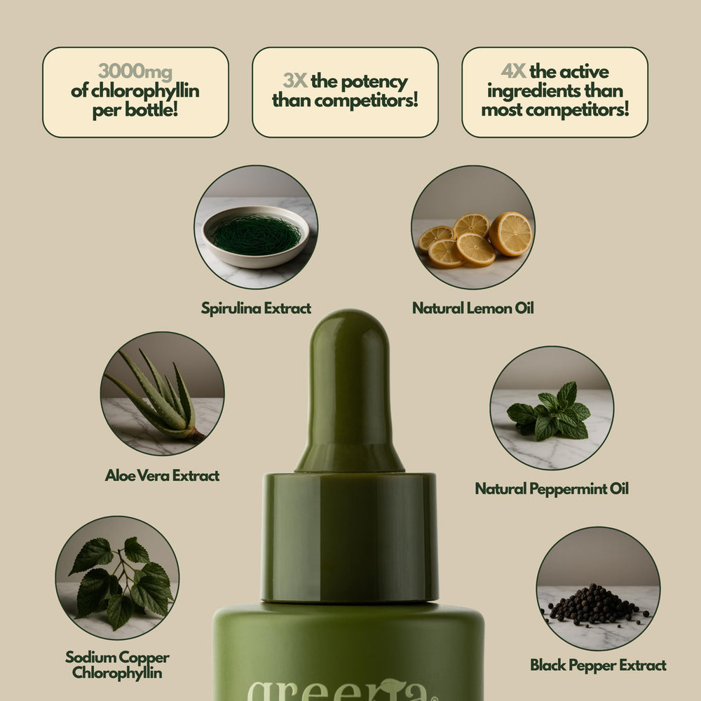 Greena GLOTOX bottle closeup with label highlighting 3000mg chlorophyllin complex.