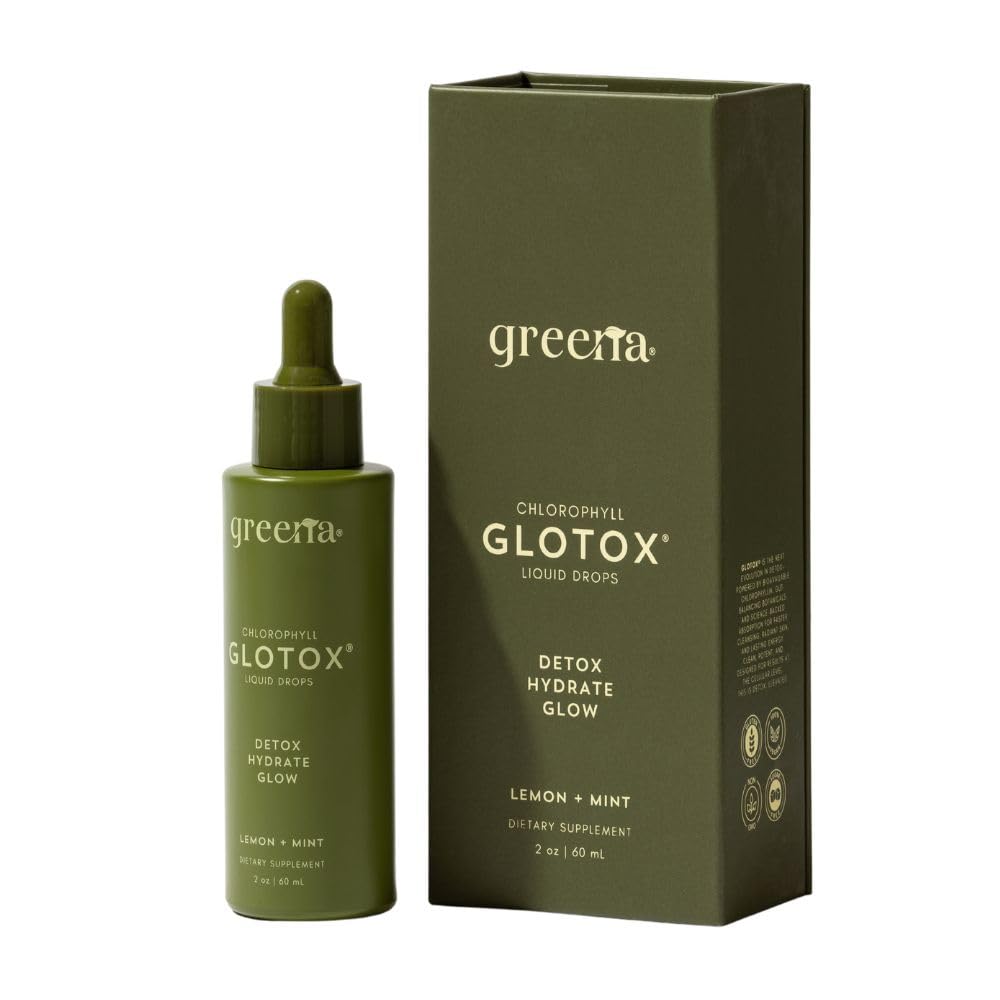 Greena GLOTOX bottle front, Lemon Mint flavor, signaling detox support.