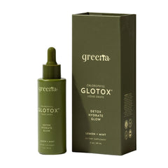 Greena GLOTOX bottle front, Lemon Mint flavor, signaling detox support.