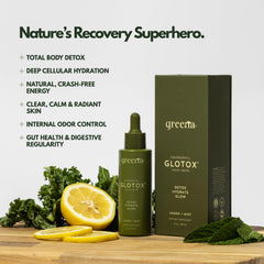Greena GLOTOX ingredients scene showing spirulina and mint leaves.