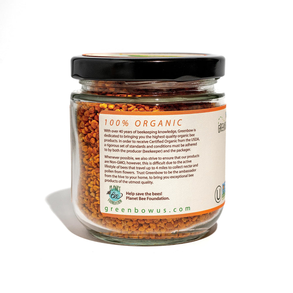 Close-up of dried Greenbow Bee Pollen texture, natural granules ready to mix in meals.