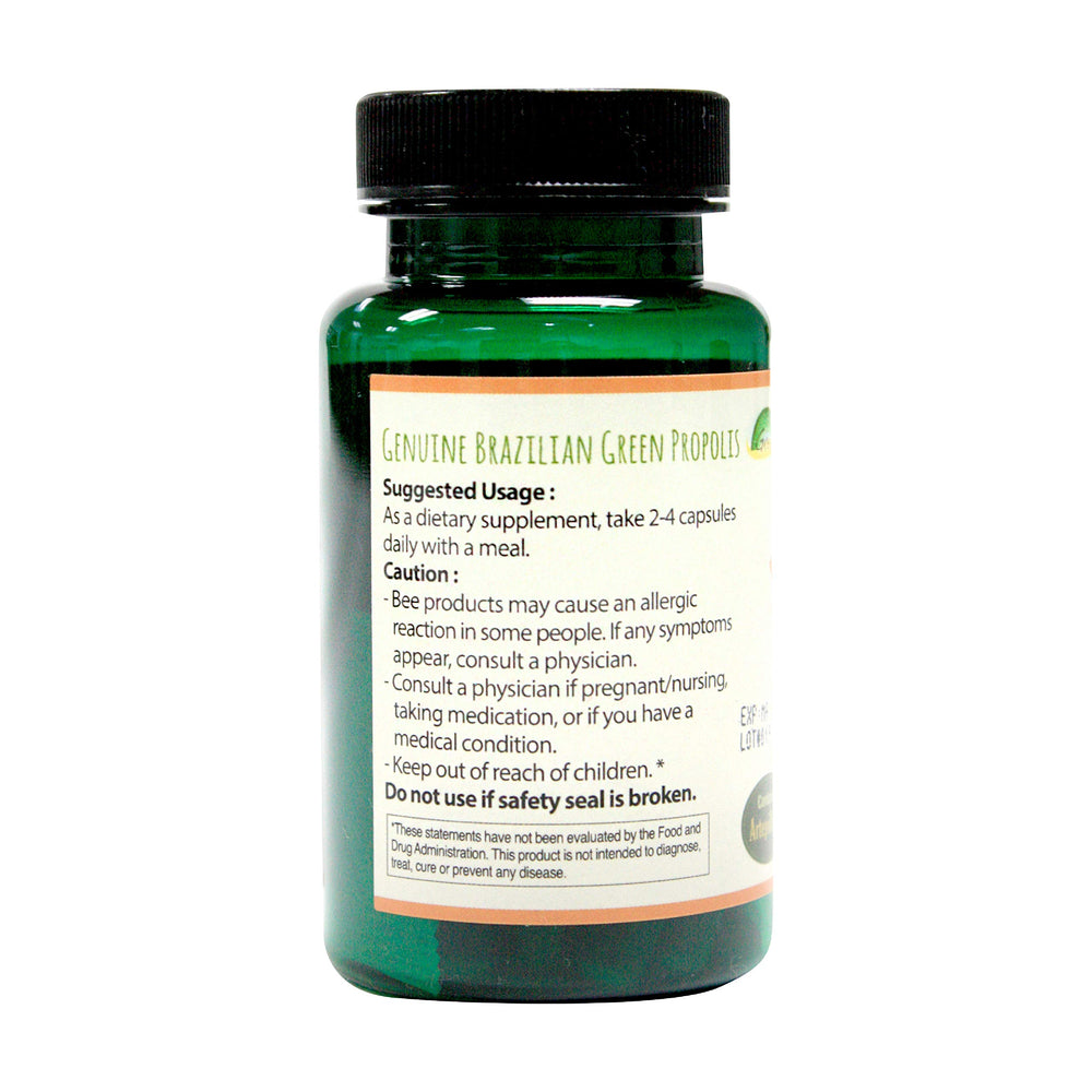Greenbow Green Propolis capsules closeup showing vegan capsules