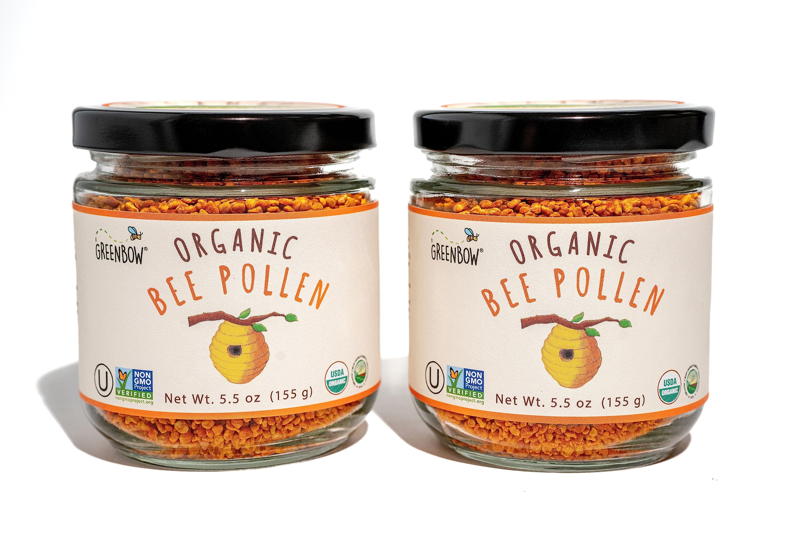 Greenbow Organic Bee Pollen 155g jar front, pure and additive-free for daily energy.