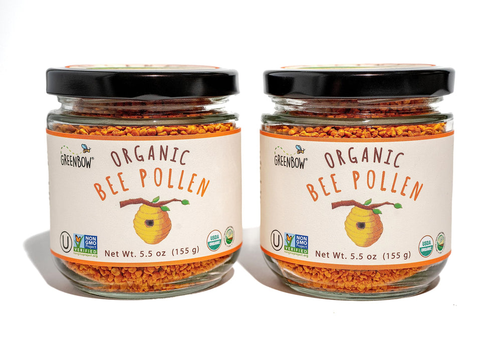 Greenbow Organic Bee Pollen 155g jar front, pure and additive-free for daily energy.
