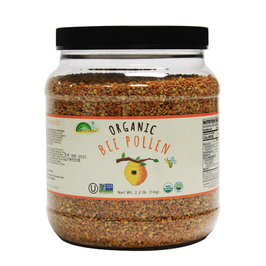 Greenbow Organic Bee Pollen jar front view shows purity and trust.