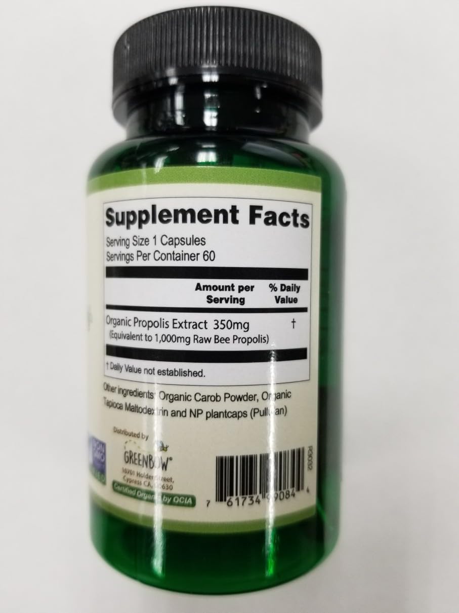 Close-up of Greenbow Propolis capsules showing vegan formula.