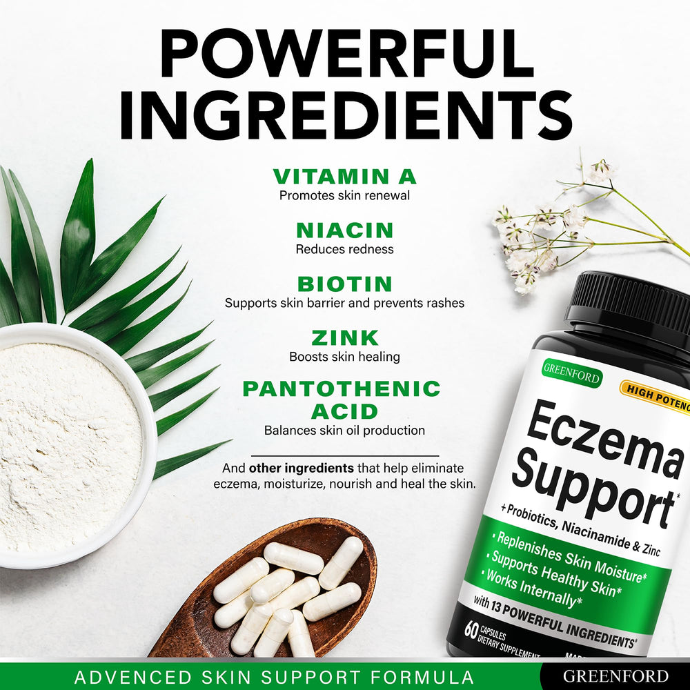 Greenford Eczema Support bottle pour shot illustrating convenient daily dosage.