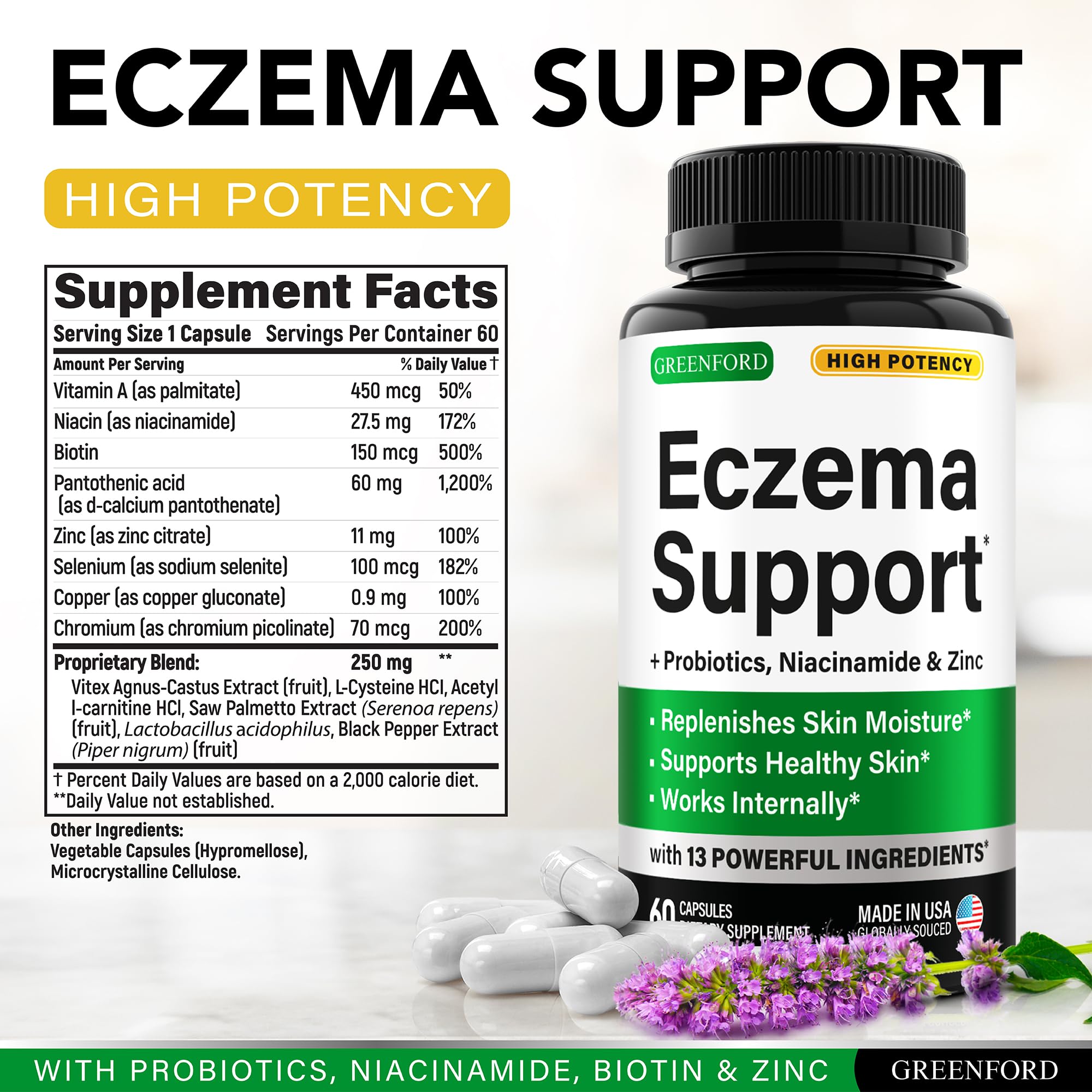 Greenford Eczema Support capsules close-up for easy intake and skin health support.