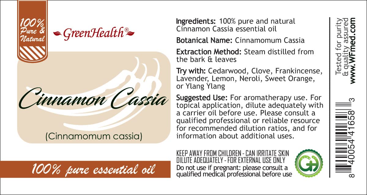 GreenHealth Cinnamon Cassia oil on shelf with spice accents