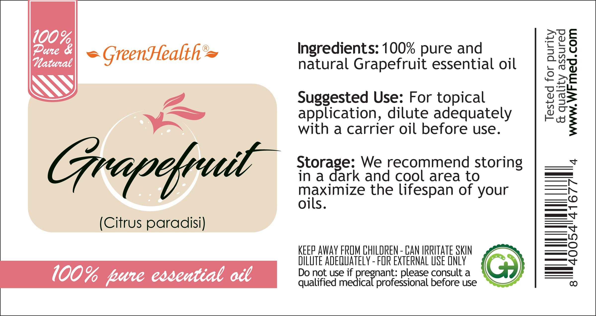 GreenHealth grapefruit oil label close-up, clear branding and ingredient transparency.