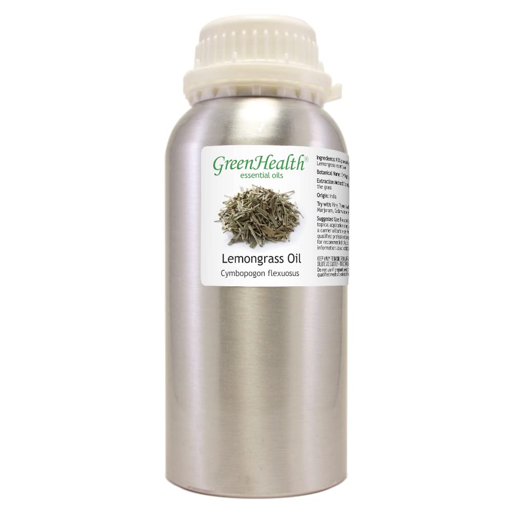 GreenHealth Lemongrass Oil label closeup – purity and steam-distilled quality.