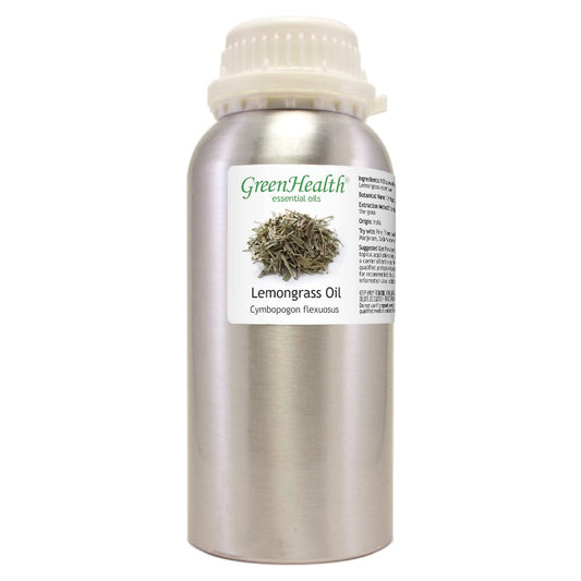 GreenHealth Lemongrass Oil label closeup – purity and steam-distilled quality.