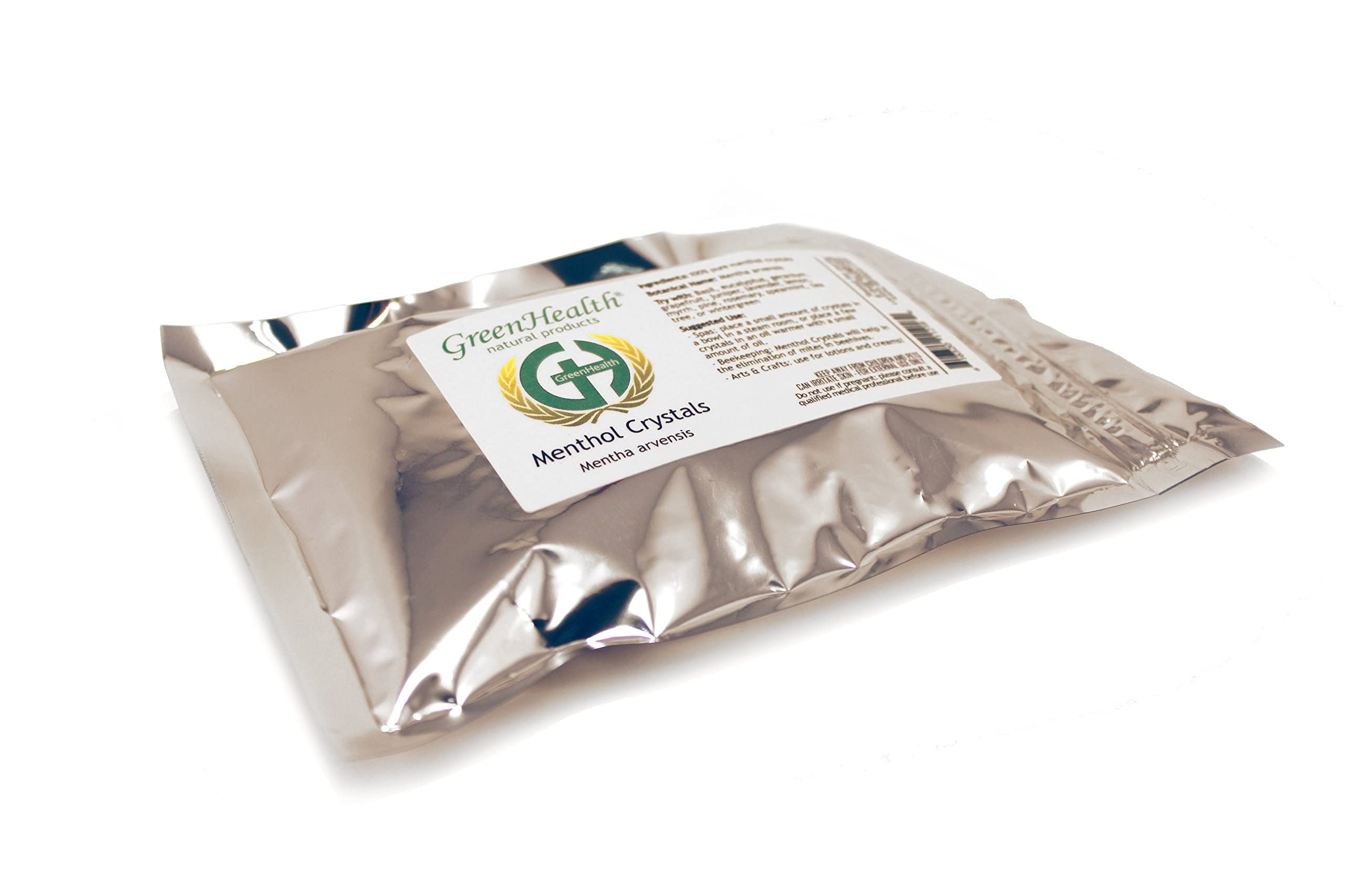 Close-up of GreenHealth menthol crystals showing protective metallized poly packaging.
