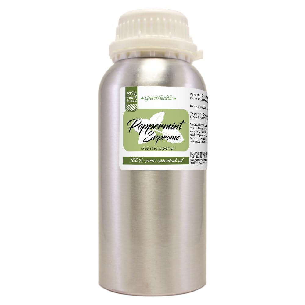 GreenHealth peppermint oil bottle 16oz close-up, ideal for diffusers and aromatherapy rituals.