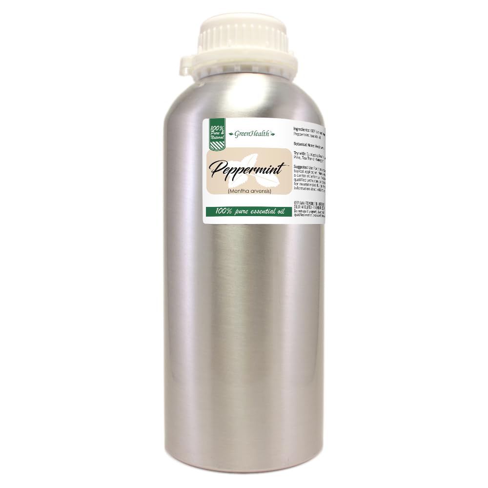 GreenHealth Peppermint Essential Oil bottle front showcases a pure, menthol-rich aroma.