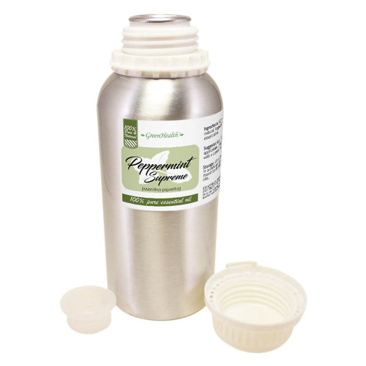 GreenHealth peppermint oil close-up label display, perfect for DIY blends and massage applications.