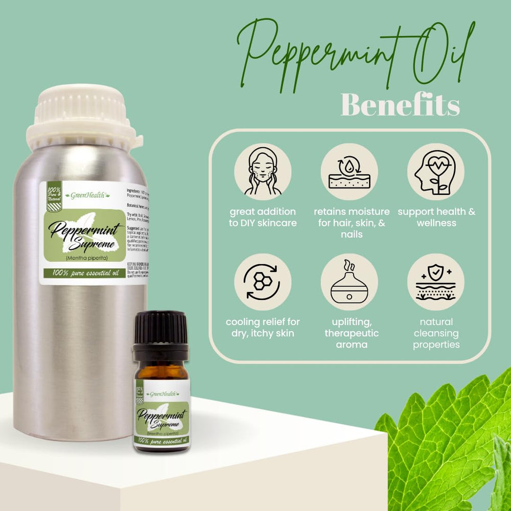 GreenHealth peppermint oil for aromatherapy blends, promoting a cool and refreshing scent.