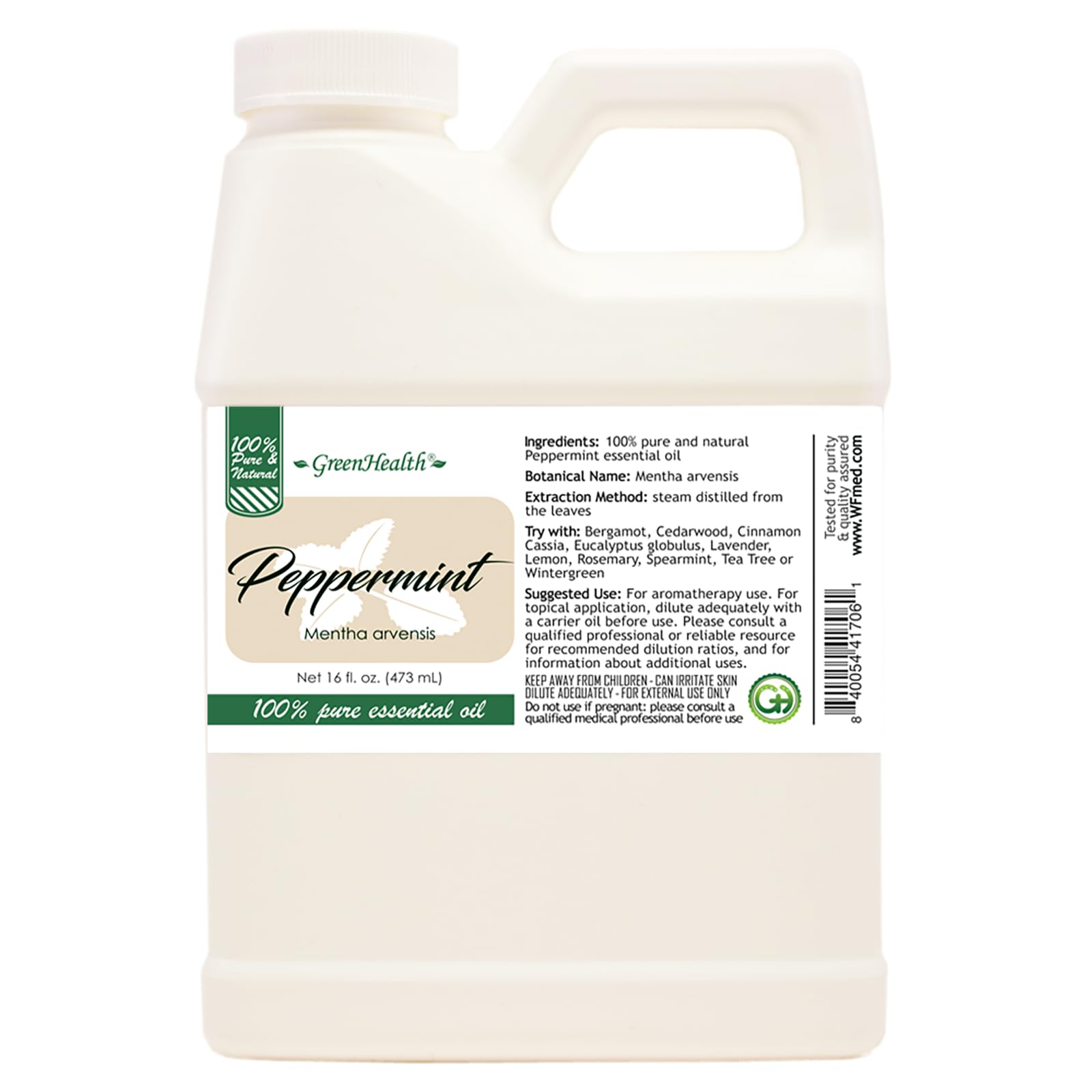 GreenHealth Peppermint Oil two-pack label detail emphasizing purity and branding.