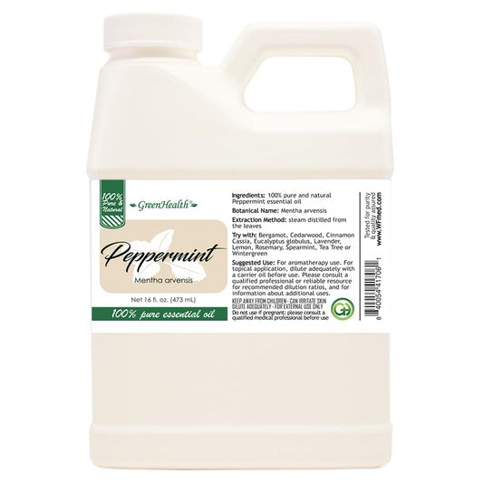 GreenHealth Peppermint Oil two-pack label detail emphasizing purity and branding.