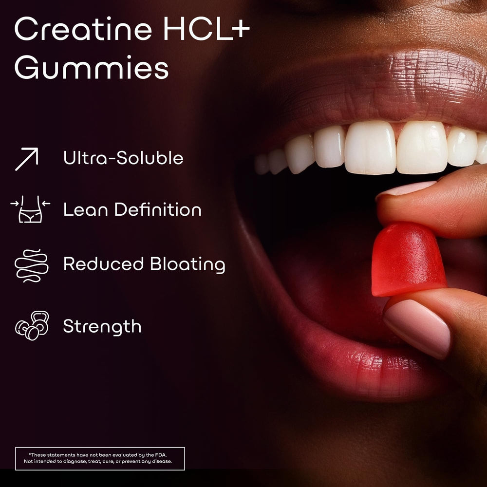 GreenLab Creatine HCL+ gummies label closeup, showcasing vegan sugar-free formula for clean energy