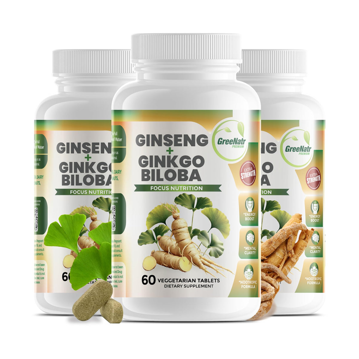 GreeNatr Ginkgo Biloba and Panax Ginseng bottle for brain support.