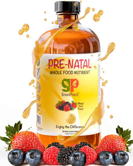 GreenPeach Prenatal Liquid bottle closeup showing organic formula designed for easier digestion